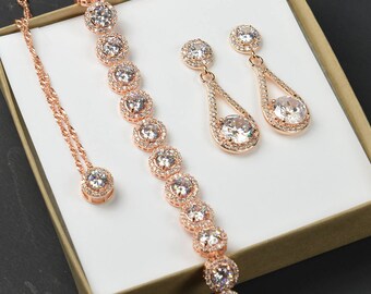 Rose Gold Earrings, Rose Gold Bracelet, Bridal Bracelet and Earrings Set, Rose Gold jewelry set,Personalized Bridesmaids Gift