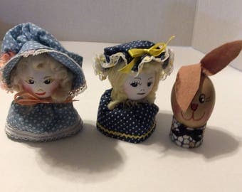 Set of hand painted eggs, folk art, anthropomorphic Easter egg people, vintage Easter/Spring decor, Easter egg, table decor