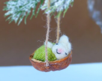 Sleeping bunny in a walnut shell, Needle felted ornament, Gift for rabbit lovers, Easter decoration, New baby gift, Mothers Day gift