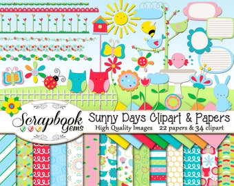 SUNNY DAYS Clipart & Papers Kit, 34 png Clip arts, 17 jpeg Papers Instant Download easter spring garden flower borders sun sunshine bugs