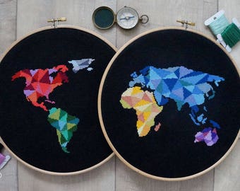 Modern Cross Stitch Pattern PDF - Geometric World Map, World Map Silhouette Counted Cross Stitch Chart, Original Embroidery, Wall Decor