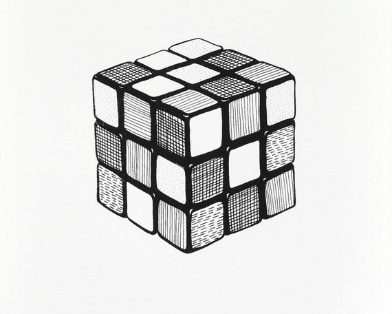 Rubiks Cube screen print. Black and white art.