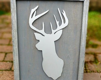 Framed Deer Head-Silver and Weathered Grey