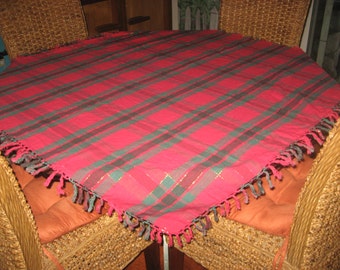 Holiday Tablecloth 48 inch Square Red, Green, Gold Threaded with Fringe