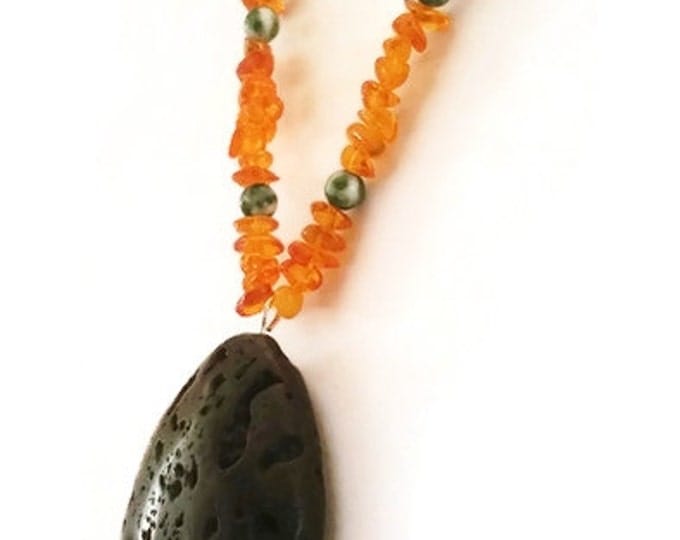 Baltic Amber and Tree Agate Necklace with Lava Aromatherapy Focal, Essential Oil Diffusing Necklace, Lava Stone Necklace, N010