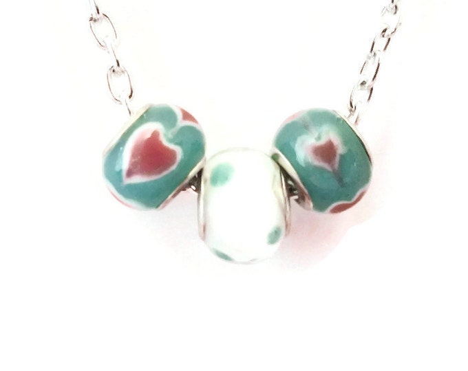 Clearance- Murano Glass Bead Pandora - Style Necklace, Heart Necklace, Valentine's Day, Unique Birthday Gift, Gift for Her