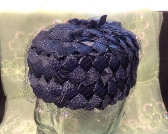 Vintage Ladies' Navy Blue Straw Hat with Veiling