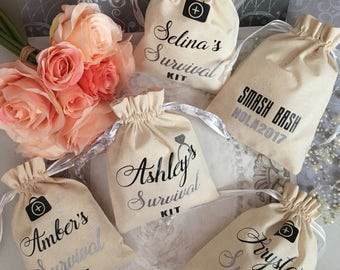 Survival Kit - Bachelorette Party Favors, Bridal Shower, Bridesmaid, Wedding, Personalized Goodie Bag Pouch Thank you-Drawstring Cotton