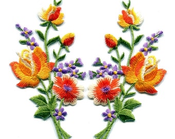 1 pair Orange roses pair flowers bouquet sewing Iron on Patches Embroidered Iron On Applique Patches DIY Customise Denim Cotton Clothing