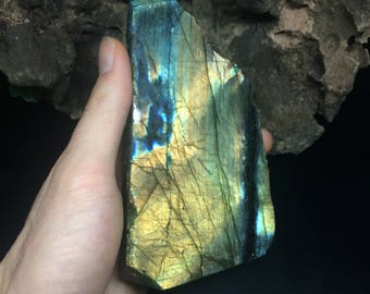 Naturally Polished Labradorite Slab with Cut Base - Top Grade Multi-Flash Labradorite from Madagascar - Conflict-Free Crystals