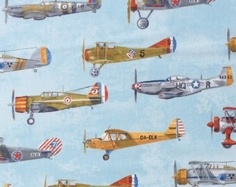 Robert Kaufman Transportation - classic vintage military fighter aircraft airplane fabric - Blue - Per 1/2 metre - 100% Cotton