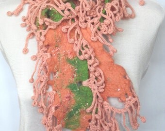 Felted crocheted scarf,Unique scarf,Fancy scarf,Original wrap, Boho chic scarf