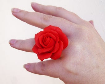 Red ring Large red ring Jewelry rose Flower ring Rose ring Scarlet jewelry Large ring Gift for women Cute ring Handmade rose Size 7