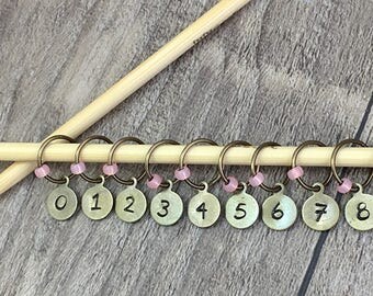 Stitch Markers, Copper Knit Markers, Number Markers, Snag Free, Beaded Stitch Marker, Gift for Knitter, Knitting Tools, Row Counter