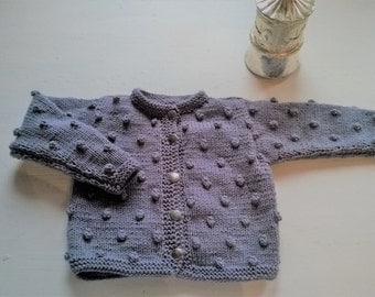 Woolen girl's sweater, grey hand knitted cardigan, warm wool popcorn bobble xmas fall winter