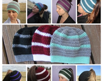 Ponytail Hat/Messy Bun Hat/Crochet Ponytail Hat/Bun Hat/Ponytail Hole Hat/Ponytail Beanie/Crochet/Women's Hat/Teen Hat/Messy Bun Hat/Gift