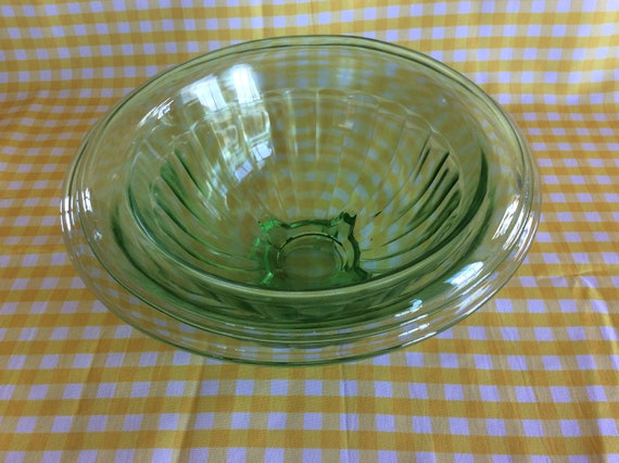 Vintage Hazel Atlas green Depression Glass nesting mixing bowl 1940 from lizfinestcollection on 