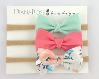Fabric Bow Headband Set Baby Headband Summer Hair Bow Baby Headbands Nylon Headband Mint Coral Pink Flower Pattern Bow Nylon Fabric Headband