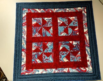 Table Topper; Multi-Blue-Maroon Table Topper; Quilted Table Topper