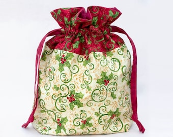 Knitting Project Bag, Christmas Drawstring Bag, Crochet Bag