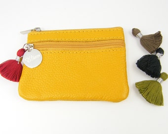 Personalized Leather Coin Purse, Mustard Yellow Zipper Pouch, Custom Change Wallet ID Card Holder, Engraved Change Purse Gift for Her