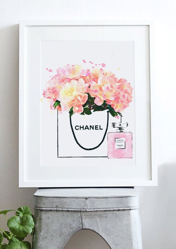 Shopping bag poster. Peonies in a shop bag. Coco perfume