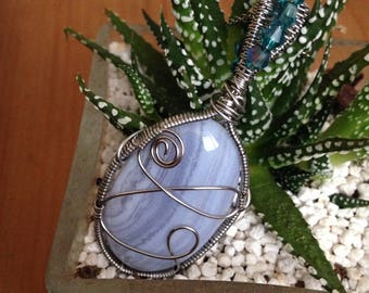 Blue lace agate necklace, blue agate pendant, crystal necklace, gemstone pendant, wire wrapping, healing crystals, reiki healing, chakra