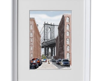 Brooklyn Bridge and digital combine art orginal print,awarded artist Meliksah Soyturk .Ink pen, water colour effect and digitalart,framed