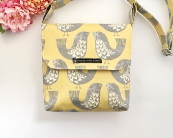 Bird bag, Scandi purse, scandi print, vegan bag, yellow handbag, oilcloth bags, crossbody bag, saddle bag, custom handbag