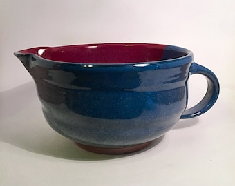 pottery bowl, stoneware batter bowl, pottery mixing bowl, batter bowl, red pottery, blue mixing bowl, blue pottery, ceramic bowl
