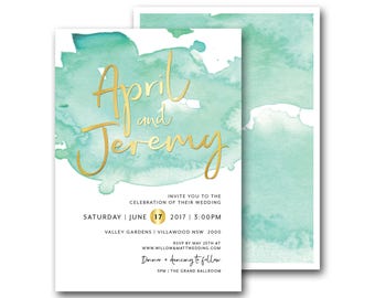 Watercolour | Watercolor Wedding Invitation, Metallic Foil Wedding Invitation, Gold, Mint, Green, DIY printable wedding invite (April)