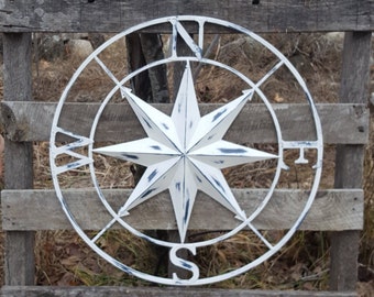 Distressed White Compass Rose/ Large Metal Wall Art / Nautical Wall Compass / Nautical Wall Art / Nautical Wall Decor / Compass Rose Wall
