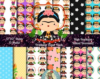 Frida Kahlo Digital Paper, Frida Kahlo Print, Frida Kahlo Art, Scrapbook Paper, Digital Scrapbooking, Scrapbook Pages, Instant Download