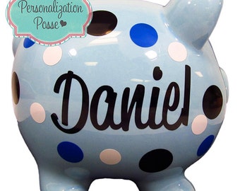 Guys N Gals - Blue Multi Dot Piggy Bank - With Name main image 1