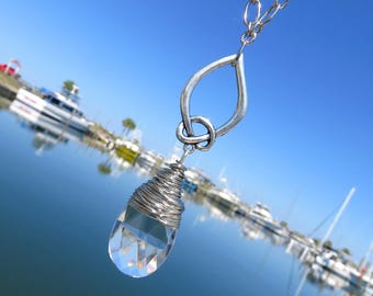 SALE Silver Wire Wrapped Vintage Chandelier Crystal Necklace // 38mm Teardrop Crystal Necklace