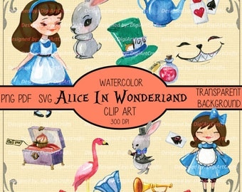 Alice in Wonderland Watercolor Elements PNG files / Alice in Wonderland clipart / Watercolor / Cheshire Cat Clipart / Transparent Background