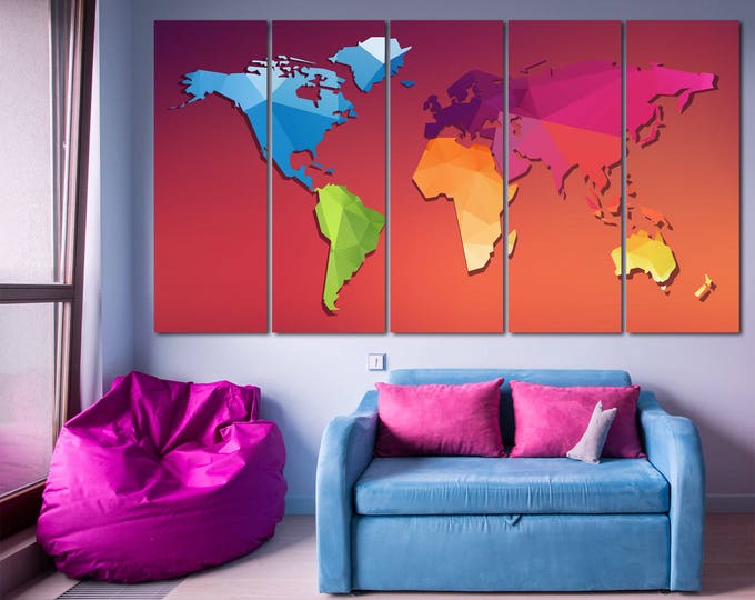 Large Colorful World Map Panels Large Polygonal World Map 3,4 or 5 Panels Orange Colorful World Map Canvas Wall Art Geometric wall art print
