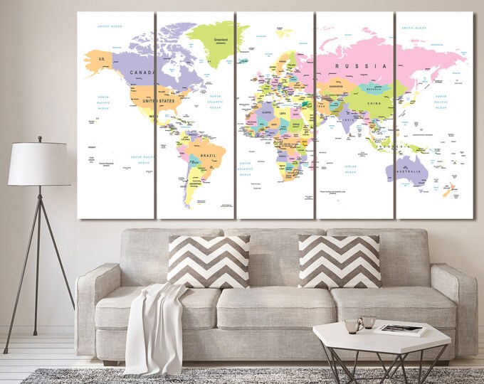 Large detailed map of the world canvas print with countries, political world map, travel map wall art, push pin world map