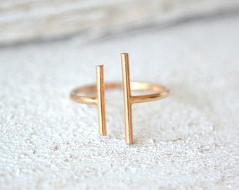 Parallel Bar Ring, Minimalist Ring, Long Gold Bar Ring, Modern Ring, Double Bar Ring, Two Bar Ring, Open Ring, Double Stick Ring