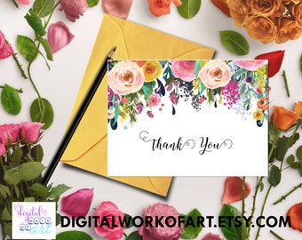 Thank You Printable, Thank You Card, Printable Floral Thank You Card, Wedding, Bridal, Baby Shower, Instant Digital Download PDF Printable
