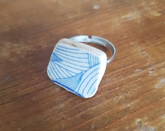 Broken china ring blue geometric adjustable ring