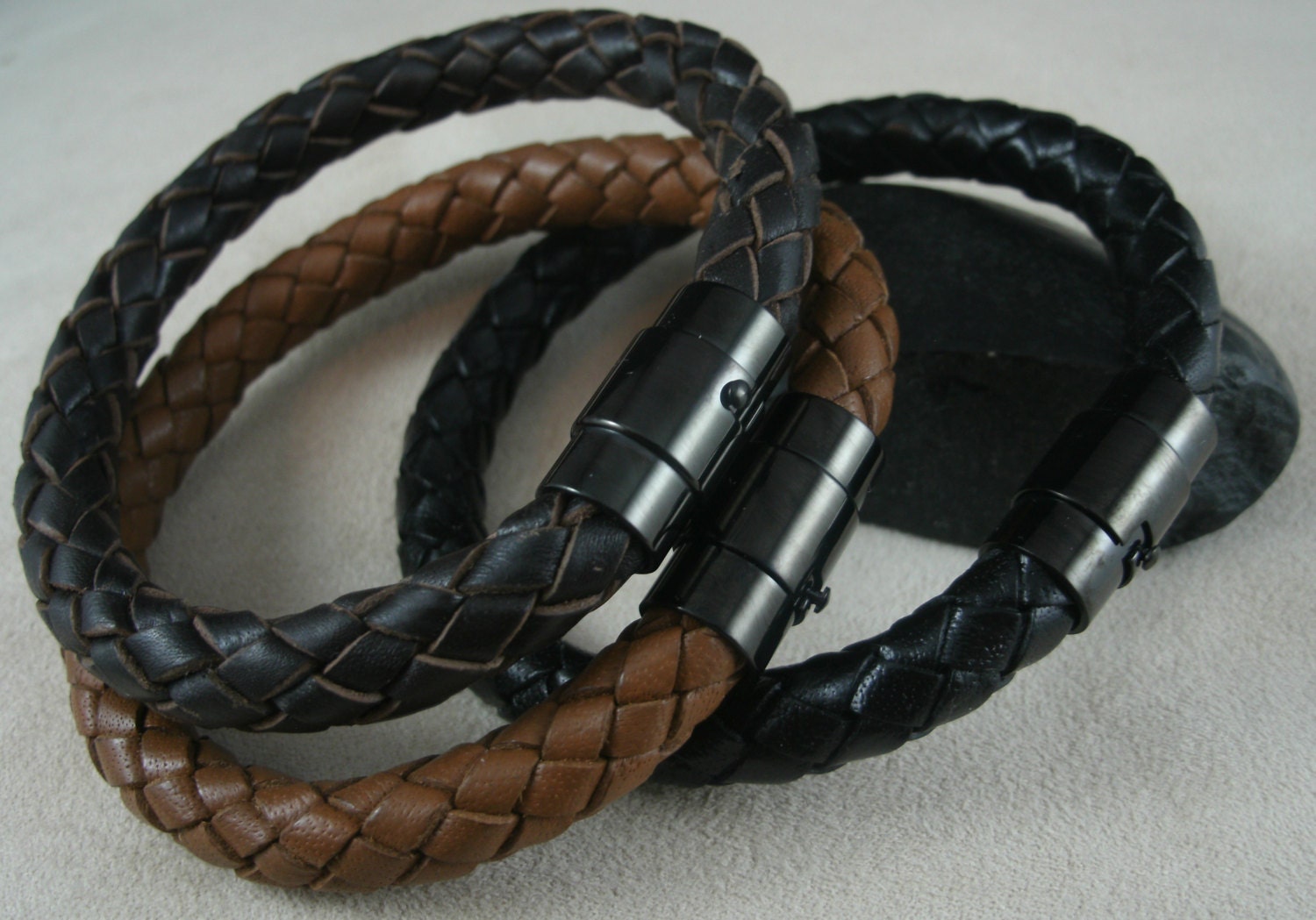 Men's Thick Leather Bracelet Black Stainless Steel Locking