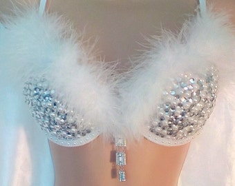 Rave bra, snow queen bra, white rave bra, festival bra, club wear, Edc rave bra, rhinestone rave bra, feather rave bra, burlesque bra, pearl