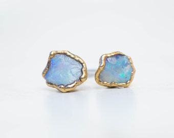 Rough Opal Earrings, Raw Opal Earring, Flashy Opal Earrings, October Birthstone Earrings, Raw Crystal Earrings, Dainty Opal Stud Earring