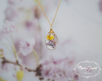 OOAK necklace, boho chic, drop charm, unique flower necklace, dried flower pendant, real flowers jewelry, made in Italy, Mother's gift