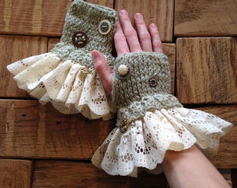 Fingerless Gloves, Steampunk Gloves, Victorian Fashion, Mint Green, Knit Gloves, Wearable Art *Free Shipping*