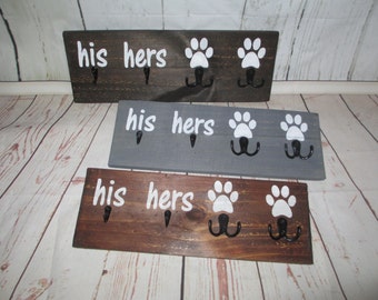 His, Hers, for Two Pets/Dogs with Double Paw Print and Two Black Hooks, Keys, Badges, Collar, Leash. Handcrafted Wood Sign