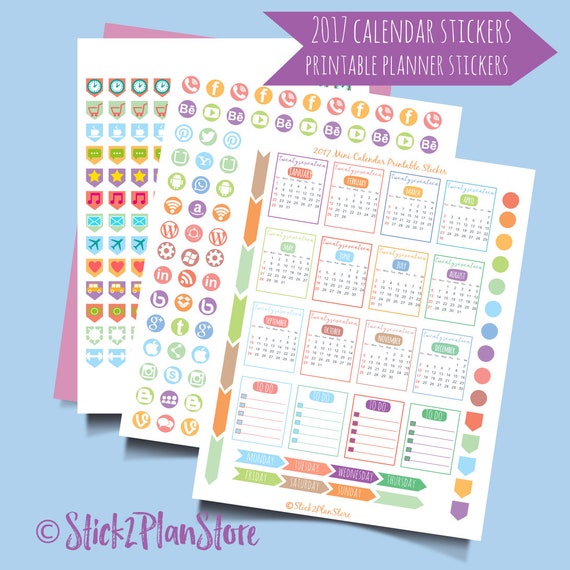 2017 Mini Calendar Printable Sticker Happy Planner Stickers Instant Digital Download