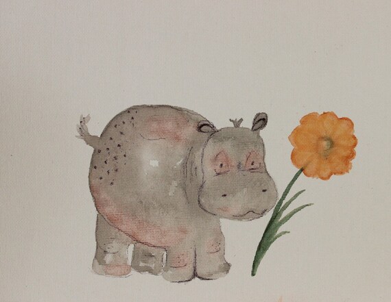 Items similar to Grey Hippo, Hippopotamus and flower watercolor ...