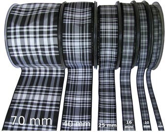 Menzies Black and White Tartan Ribbon - CUT LENGTHS. 7, 10, 16, 25, 40 & 70mm Widths.... (25m Reels also available - pls. see REELS listing)